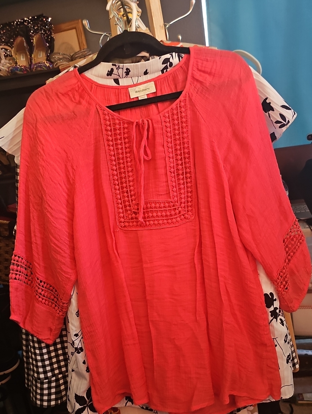 Dress Barn Crochet-Detail Rich Coral Blouse -
